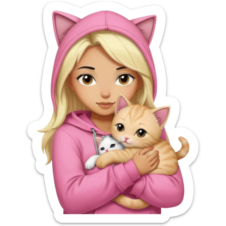 pretty woman wear pink hoodie and her hair is black..hugs a blonde kitten  sticker