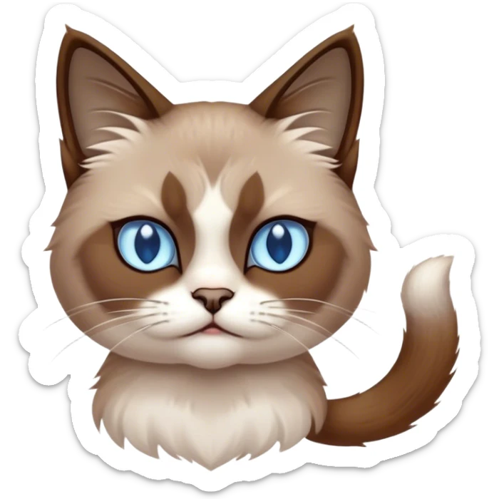 Cinematic Meme-Worthy Grumpy Snowshoe Cat Portrait Emoji, Head held high but eyes filled with dramatic disappointment, soft brown fur, white paws planted firmly in defiance, signature grumpy cat frown perfectly etched on its face, icy-blue eyes radiating pure disapproval, Simplified yet hilariously over-exaggerated features, highly detailed, glowing with an aura of supreme annoyance, high shine, exhausted yet judgmental, stylized with an almost regal pettiness, bright but brooding, soft glowing outline, capturing the essence of a feline that has seen it all and is thoroughly unimpressed, so meme-worthy it feels like it could instantly become the next viral sensation of grumpiness! sticker