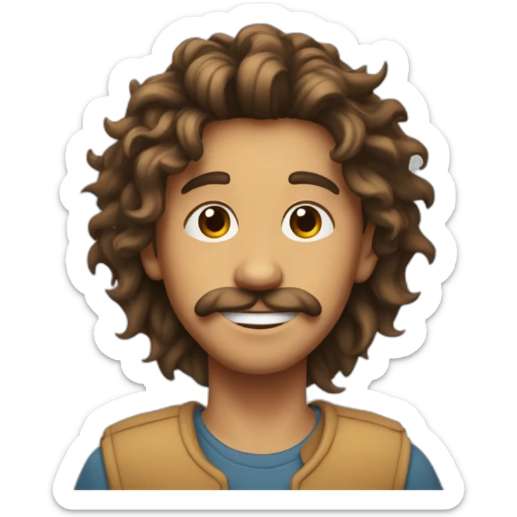 a boy with a Long, brown spiral hair, long face with mustache, spike hair, and chin hair sticker