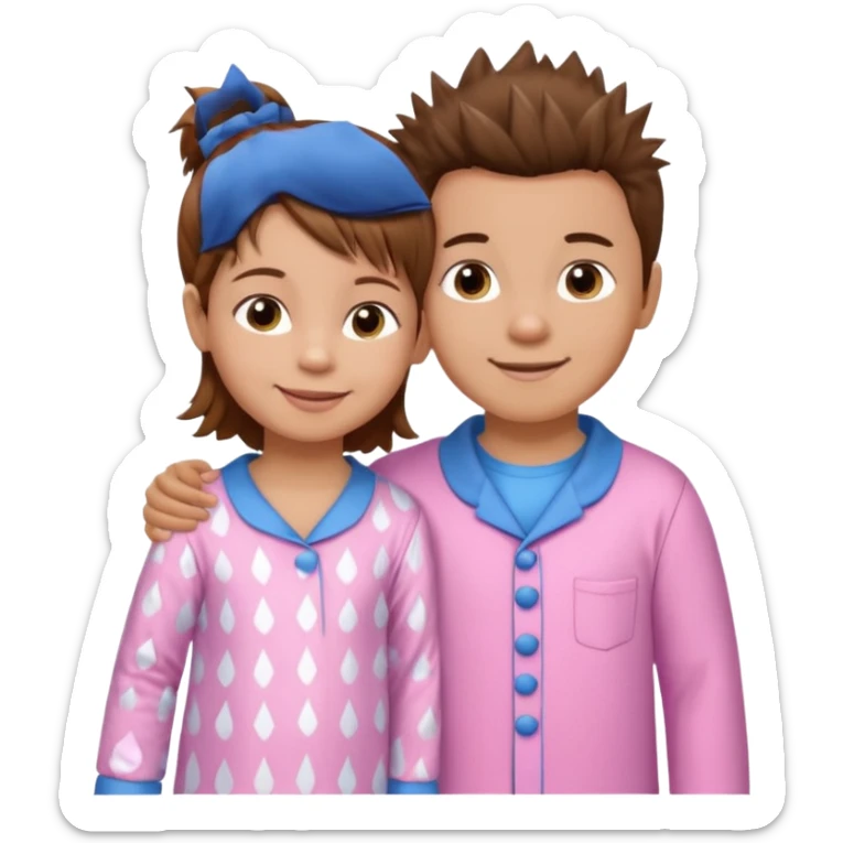 Try another - a smaller toddler girl with brown hair with her hair up, wearing pink pajamas and a bigger 4 year old boy with spikey brown hair, wearing blue pajamas. Both light skin and smiling.  sticker