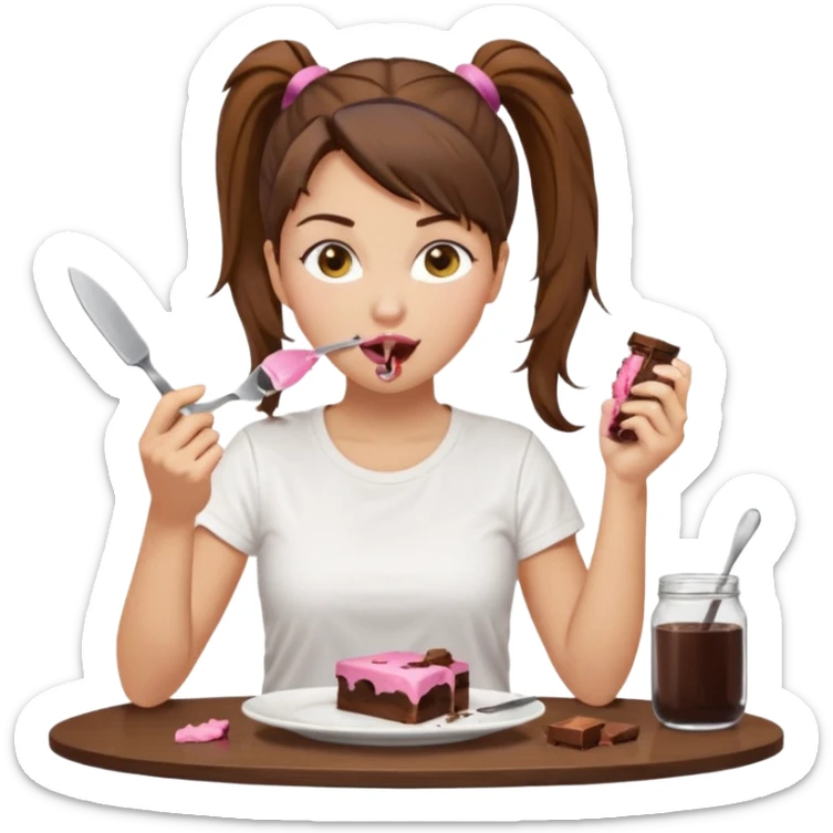 yellow-skinned woman with brown hair in a ponytail, wearing a white T-shirt. She’s sitting at a table, licking chocolate off a knife and holding a 'Banado' jar. On the table: a plate with crumbs, a fork, a glass of dark drink, and a pink lid. Simple brown background. sticker