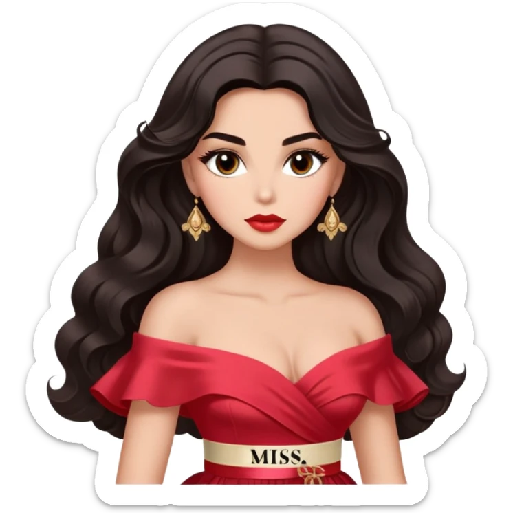A woman with almond-toned skin, dark voluminous hair in waves, expressive eyes with soft lashes and shimmer, full lips with a glossy nude-pink color, wearing a red dress and a white sash with “Miss San Juan” in black letters, exuding elegance and confidence. sticker