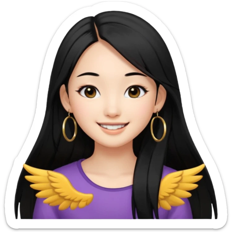 A Asian girl with fare skin and hoop earrings, long straight black hair with black eyes, smiling with a open wings eyeliner sticker