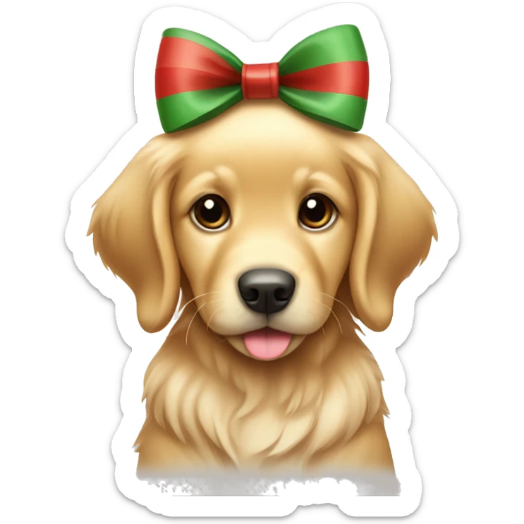 cute golden retriever puppy with two red and green striped bows on its ears sticker