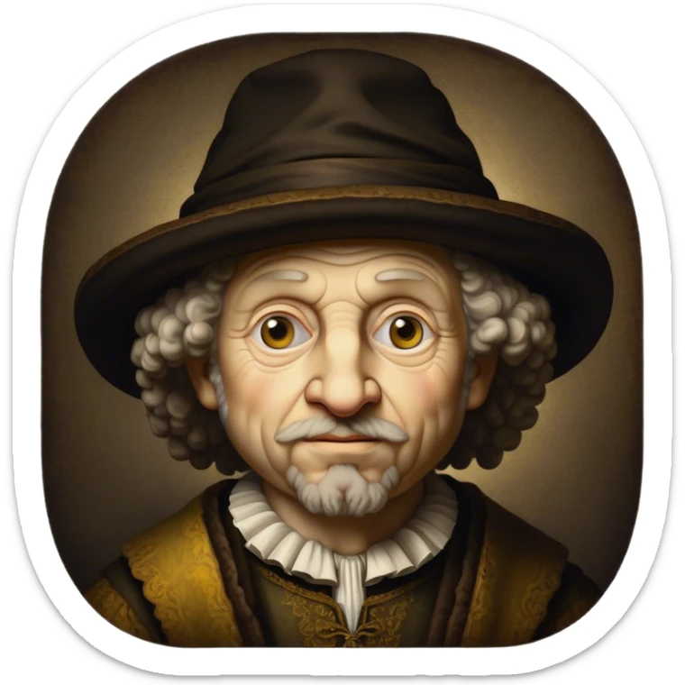 Cinematic Realistic Rembrandt Portrait Emoji, depicted as a master painter with deep reflective eyes and dramatic chiaroscuro, rendered with intricate textures and moody historic lighting that captures his timeless artistry. sticker