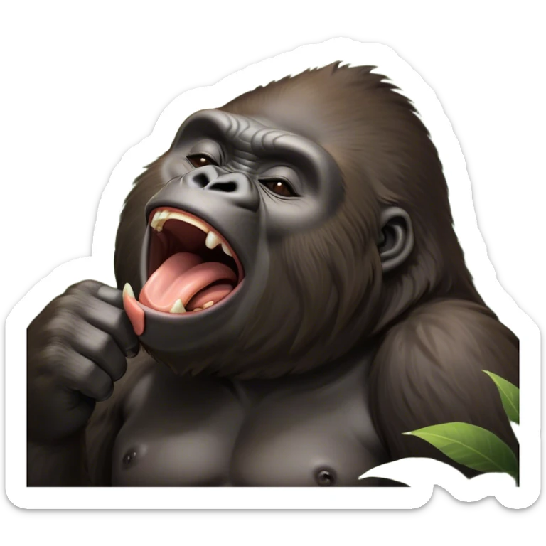Cinematic Cute Yawning Gorilla Portrait Emoji, Head tilted slightly with a dramatic, wide-open yawn, showcasing a thick, velvety Fur with drowsy, half-closed eyes and a relaxed, open expression, Simplified yet irresistibly adorable features, highly detailed, glowing with a soft, cozy jungle glow, high shine, relaxed yet expressive, stylized with a dash of whimsical primate charm, soft glowing outline, capturing the essence of a drowsy yet affectionate guardian that appears ready to stretch out for a nap! sticker