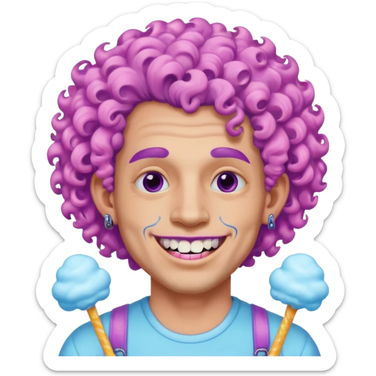very cheerful colorful puffy violet curly haired man made out of cotton candy wearing teeth-braces and tattoos and face tattoos just face  sticker