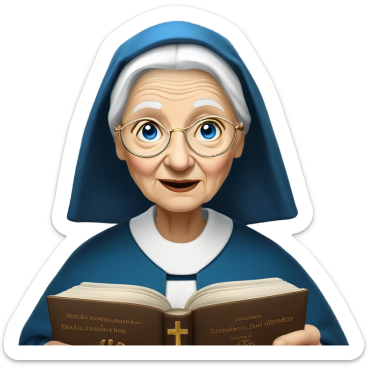 Really old woman who is white and has bright saphire blue eye colour and has some wrinkles on her face and her neck and she has golden blonde wringlets  lots and lots of them and she is a nun reading the holy Bible scriptures to herself  sticker