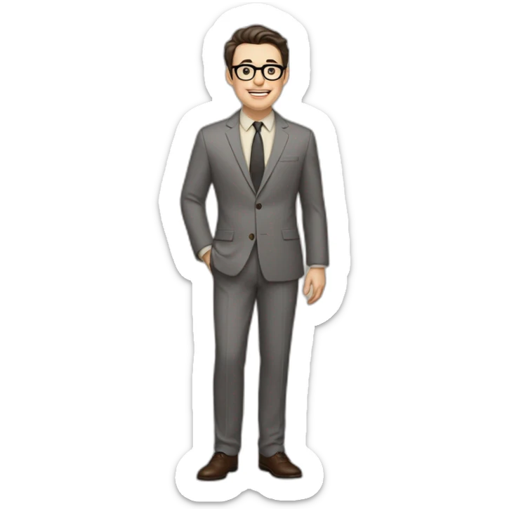 Full height Pale skinned Fit Man With dark brown hair in classic gray suit, beige office shirt, dark gray tie, and vintage glasses. Thrumbs of his palms directed up sticker
