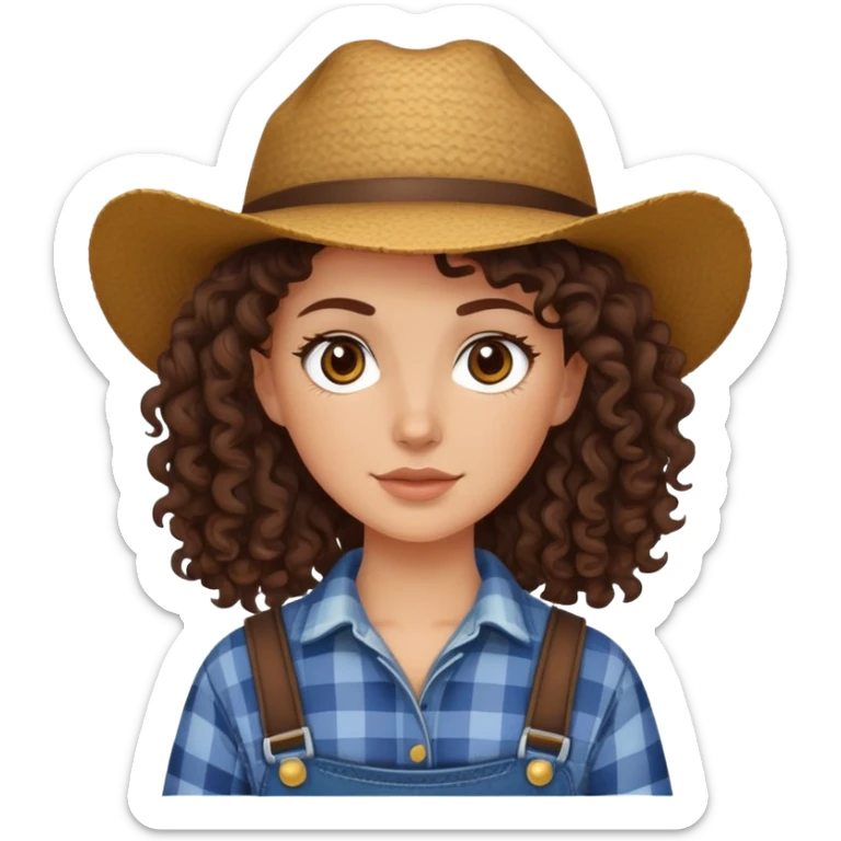 white girl with dark brown curly hair, brown eyes, wearing farm clothes sticker