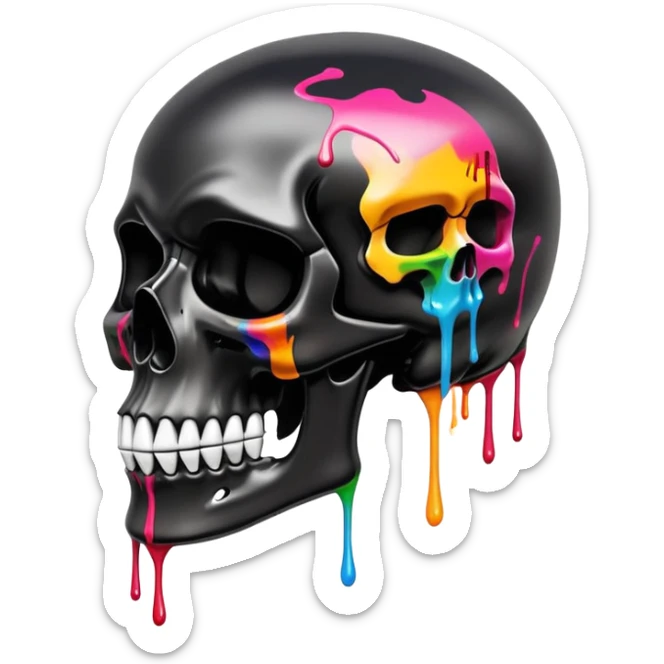 glossy black skull with street style colorful graffiti drips and iconic sports brand logos, side profile sticker