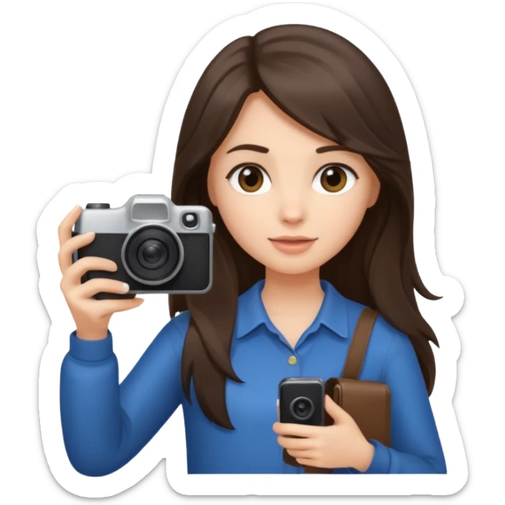 a brunette girl with loose hair below her shoulder holds a camera and a phone in her hands sticker