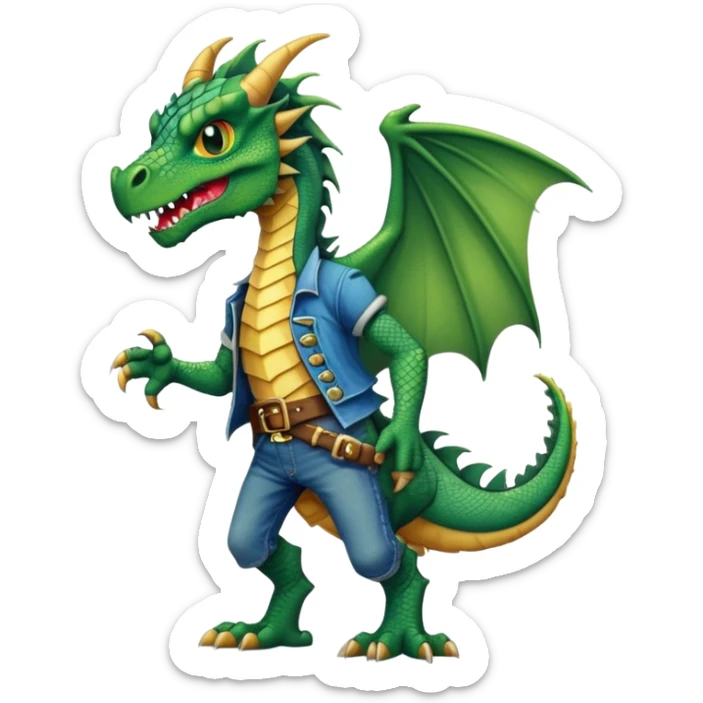 anthropomorphised dragon in a band t-shirt and jeans wearing a pirate eye-patch walking upright sticker