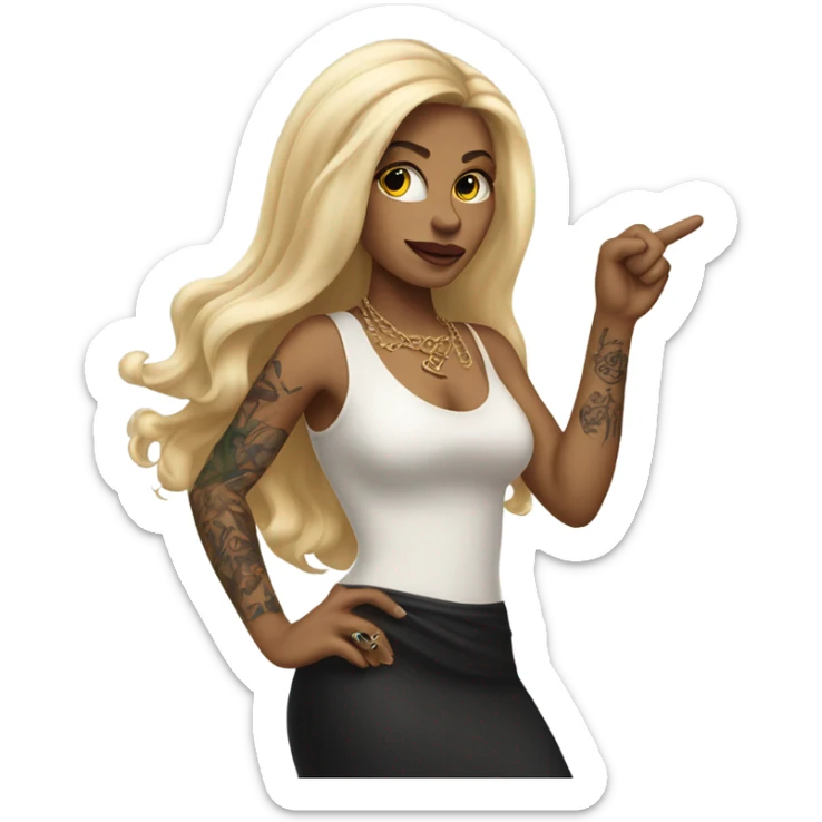 Blonde elegant women with LONG HAIR, her Body Covered with Tattoos, POINTING YOU FORWARD with her HAND with INDEX FINGER, Hyper Realistic sticker