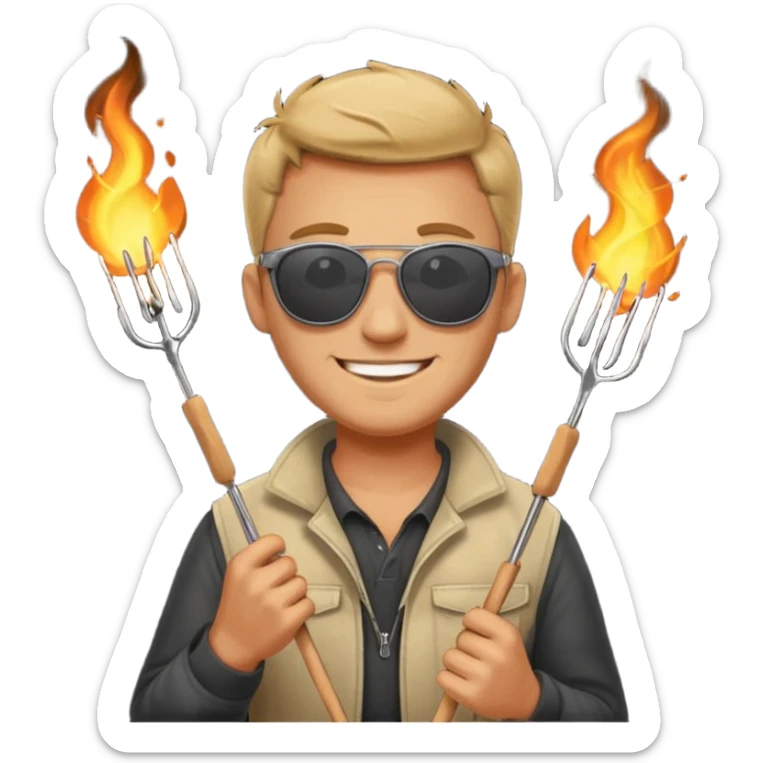 A guy in sunglasses holding tongs, proudly turning skewers over glowing charcoal. sticker