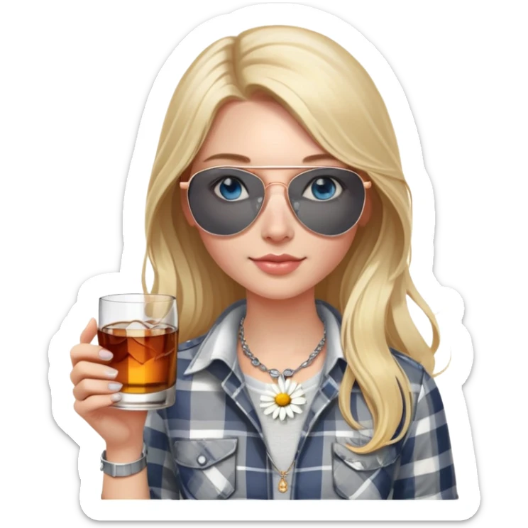 girl
blue eyes
long blond hair with daisy in it
wearing grey/white plaid shirt
wearing aviator sunglasses
wearing silver necklace around her neck
holding a glass of whiskey 
wearing rose gold apple watch  sticker