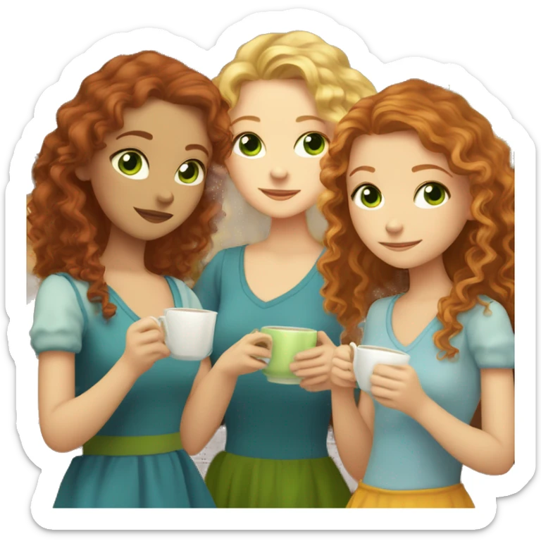 Three fair-skinned girls, a blonde with curly hair and gray eyes, a redhead with green eyes and long hair and a brown-haired woman with long hair and blue eyes are drinking tea sticker