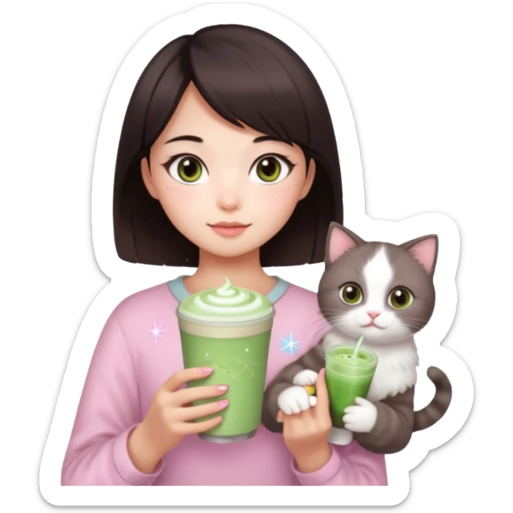 asian girl with short dark brown hair and dark brown eyes with a soft girl pink glowup aesthetic. matcha latte sparkles girly things, 2 ragdoll cat sticker