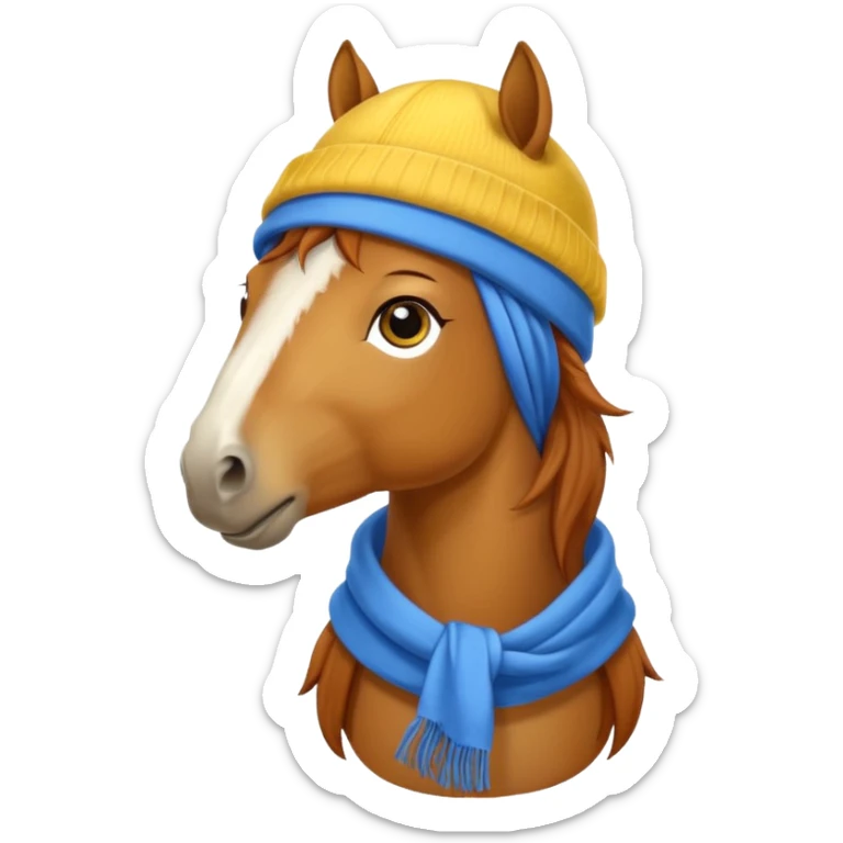 a fabulous funny winter horse in a yellow hat with a blue scarf sticker