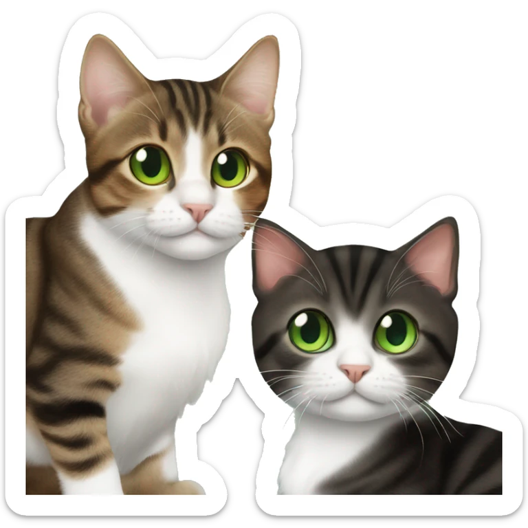 3 cats. brown tabby with green eyes, black tuxedo with green eyes, brown kitten with orange eyes sticker