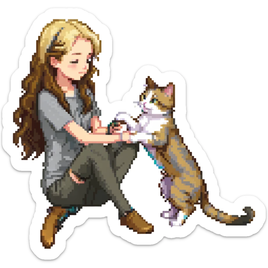Remix: Beautiful girl with long wavy brown hair, inspired by the reference, petting a gray and blonde mixed cat, pixel art style, girl standing, cat rubbing against her leg sticker