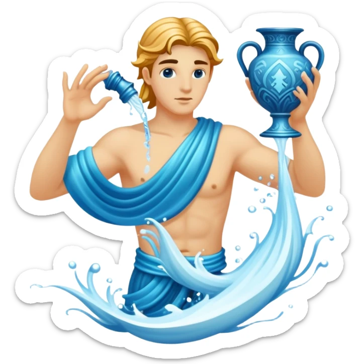 The zodiac symbol Aquarius. A mystical and beautiful water bearer, holding and pouring water into the sea from a large, intricate, and arcane vase sticker