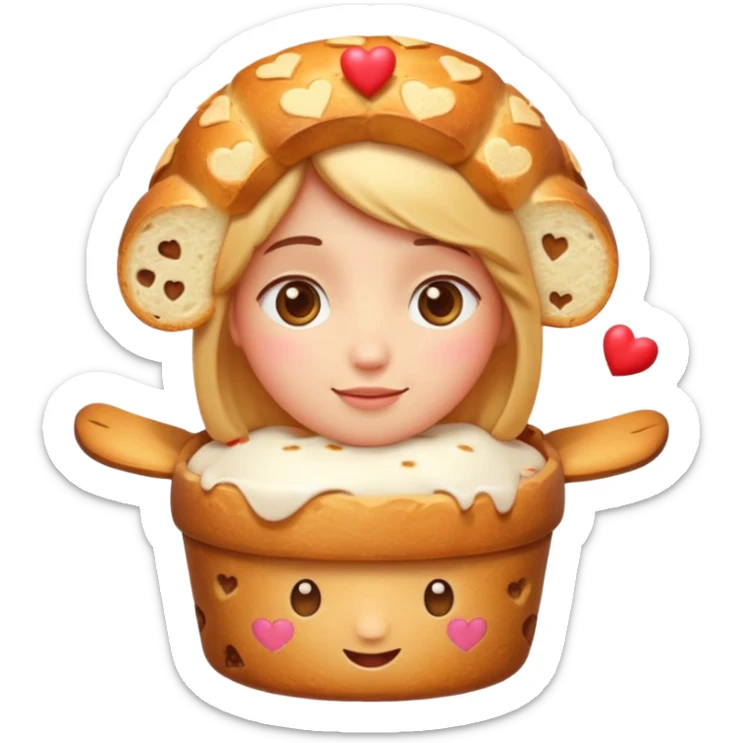 Apple-style emoji illustration of a cute face with dreamy eyes hugging a traditional panettone, small hearts floating around, soft 3D emoji style, smooth gradients, rounded shapes, warm festive colors, simple expression, centered composition, transparent background, no text. sticker