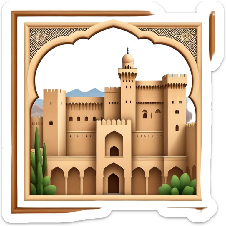 Realistic Alhambra de Granada Landmark Emoji, showcasing the Moorish palace’s intricate arches, geometric patterns, and historic fortress walls. sticker