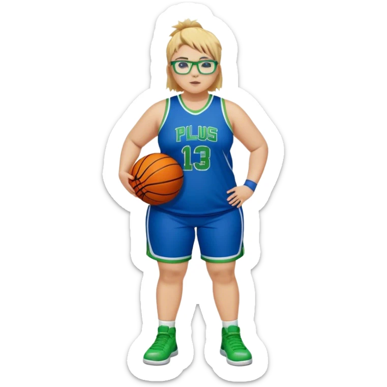 Full Body white plus size Girl with basketball spikey short brown and blonde hair  wearing blue glasses with green eyes wearing blue and green basketball uniform sticker