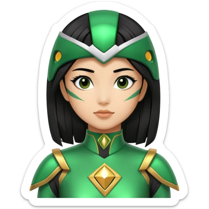 wasian girl in a green Power Ranger suit, black straight hair, black eyes sticker
