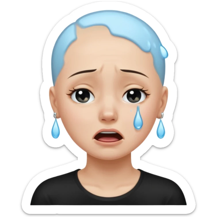 a pretty bratz fair bald girl with no hair crying wearing a tight black tee sticker