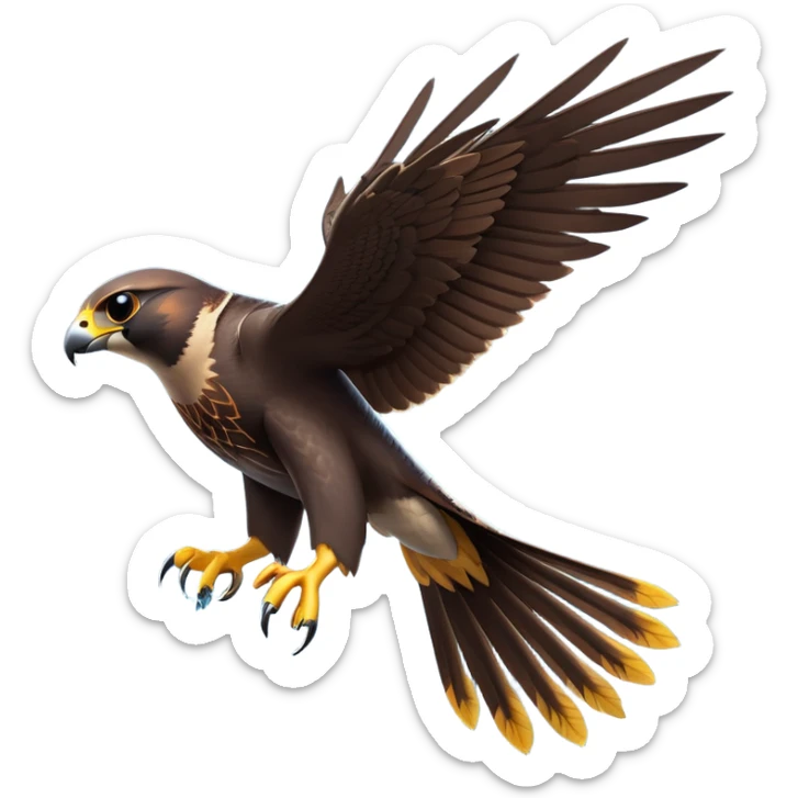 cinematic-peragrin falcon-realistic-full-body-diving-emoji,-sleek-aerodynamic-frame-plummeting-through-the-air-with-lightning-speed,-razor-sharp-talons-poised-for-the-strike,-feathered-wings-angled-for-maximum-precision,-keen-dark-eyes-locked-onto-its prey sticker