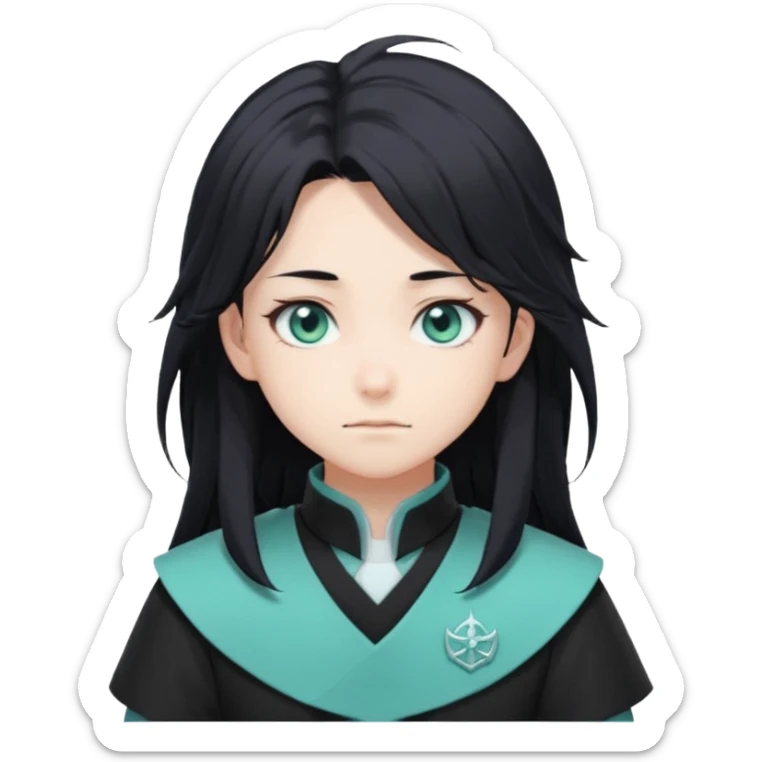Tokito Muichiro emoji style — calm boy with long black hair fading mint green, turquoise eyes, pale skin, dreamy face, wearing dark Demon Slayer uniform, black + teal tone, anime cute clean style. sticker