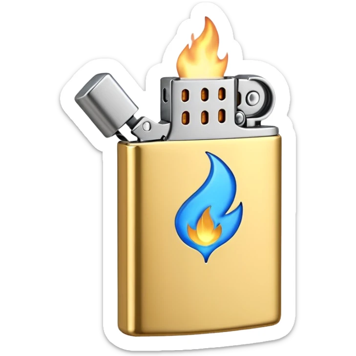 3D emoji icon of a golden metallic lighter with a blue flame, high quality, 3D render, minimalist white background sticker