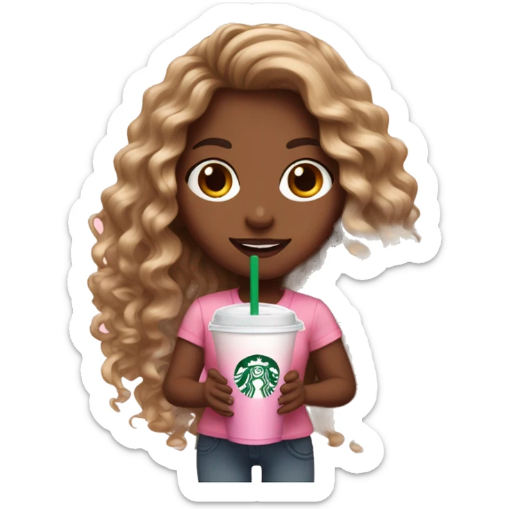 girl with brown and blonde ombré long curly hair holding Pink starbucks refresher sticker
