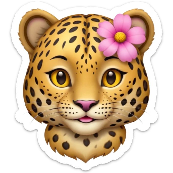 A leopard with peaceful smile, A pink flower with a yellow center is tucked behind its right ear
 sticker