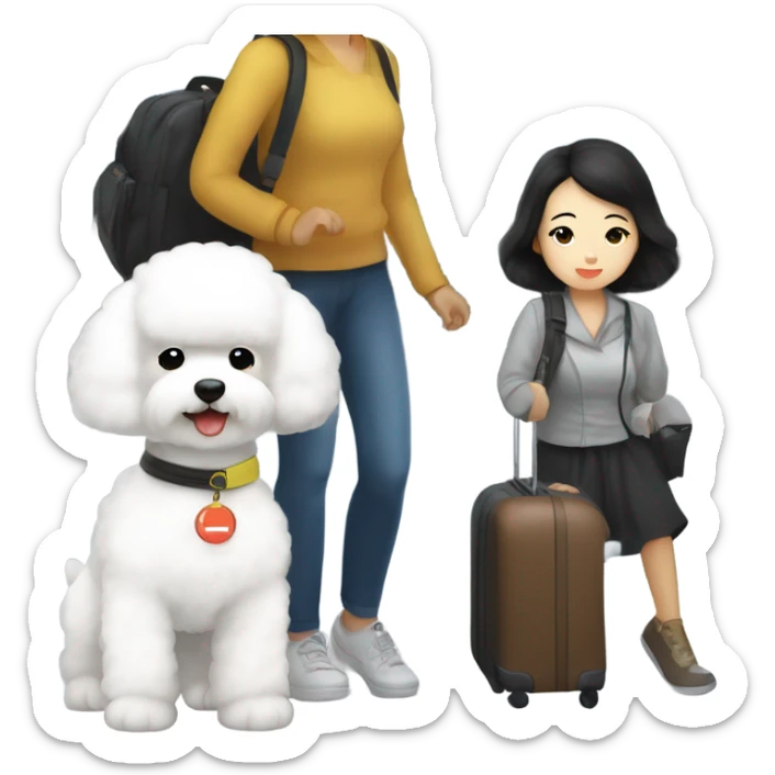A cute korean style bichon frise with a dark-haired Asian woman at the airport  sticker