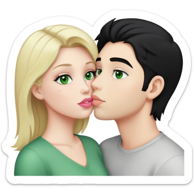 A blonde girl with fair skin and green eyes and light pink lips a guy with black hair and fair skin and green eyes are kissing sticker