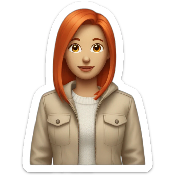 a girl with bright red straight hair of medium length, wearing a beige classic jacket, a white sweater and jeans sticker