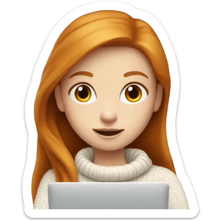 ginger girl with long hair and blue eyes in turtle neck white sweater working on a laptop sticker