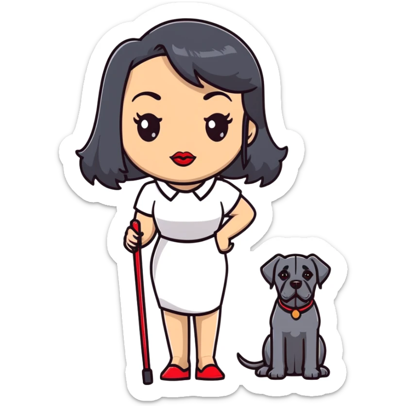 woman with long black hair and red lips next to a black Cane Corso dog with cropped ears and short tail sticker