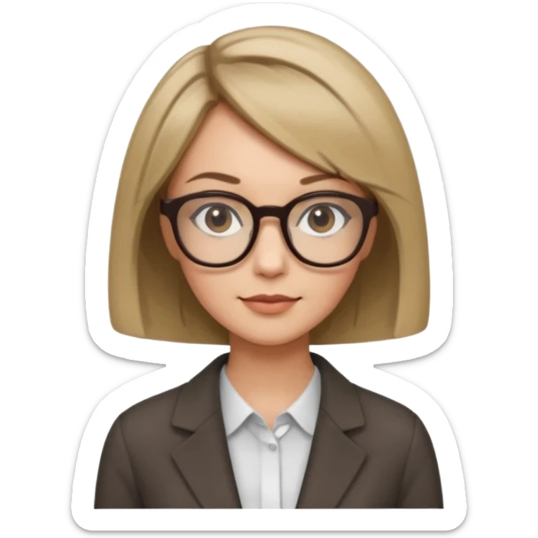 woman dark blonde petite bob haircut wears dark squarish glasses, classic clothes sticker