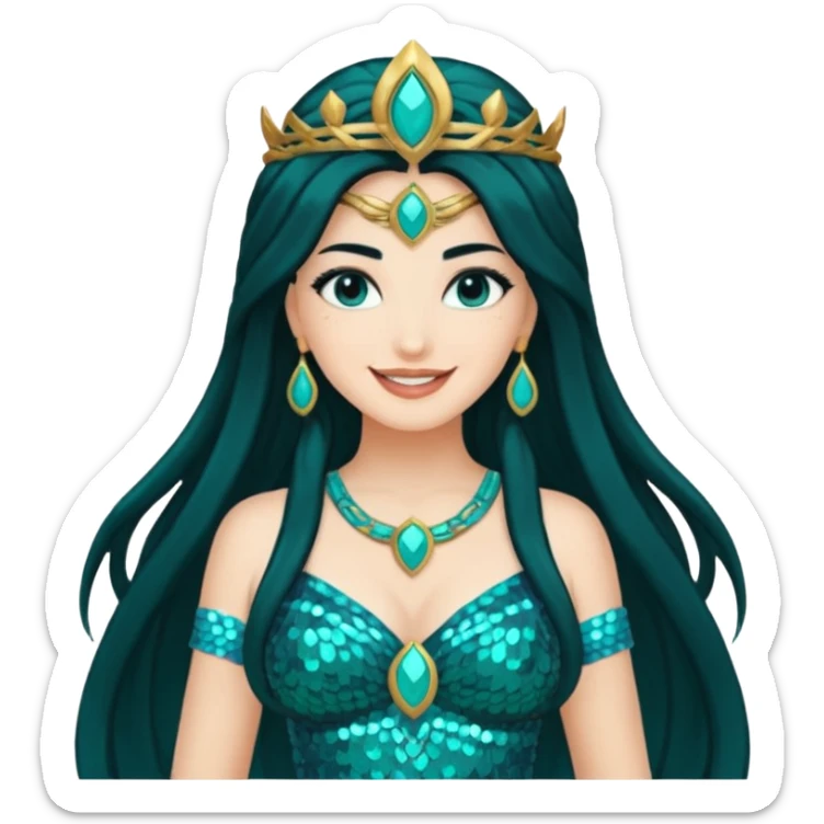 Salacia, Goddess of Hearth from Gods and Goddesses with long black hair, teal sequin outfit sticker