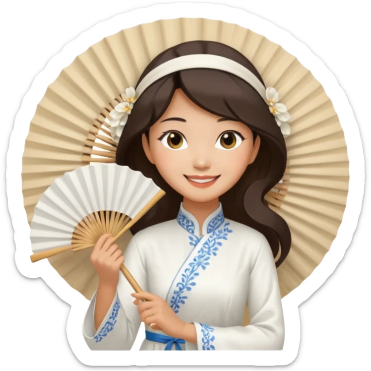 a vietnamese woman wearing a white ao dai holding a folding fan elegantly, wearing a nón lá sticker
