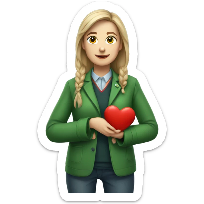 A European female teacher in a green jacket holds a heart in her hands sticker