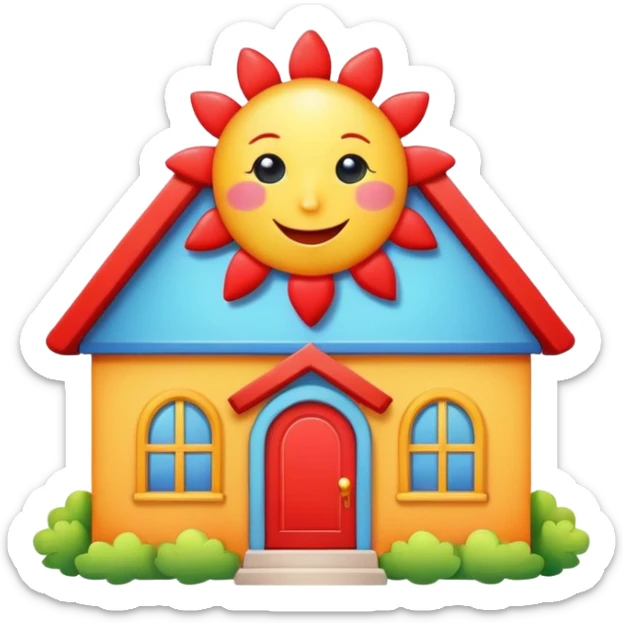 bright daycare house with a happy sun and a heart, cute and cheerful sticker