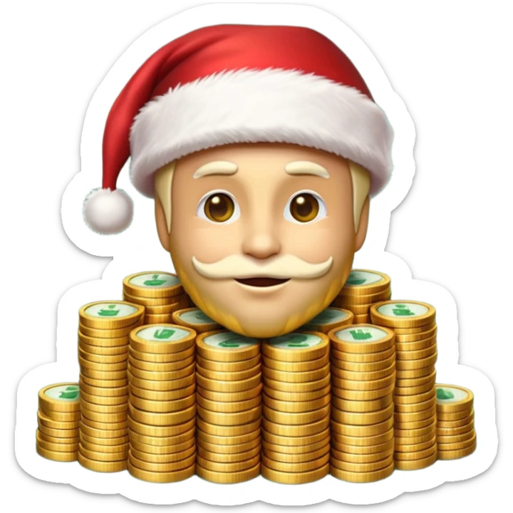 A confident rich emoji face wearing a Santa hat, money stacks, casino vibe, New Year theme, premium 3D emoji style, sharp details, no text, isolated on transparent background sticker