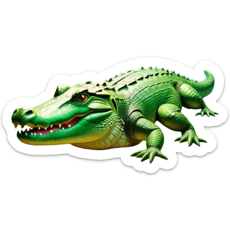 cinematic-crocodile-realistic-full-body-lounging-emoji,-massive-scaled-body-partially-submerged-in-shallow-water,-head-tilted-dramatically,-rough-green-and-brown-hide-textured-with-deep-ridges,-simplified-yet-realistic-focused-features,-highly-detailed,-glowing-with-an-almost-sarcastic-glow sticker