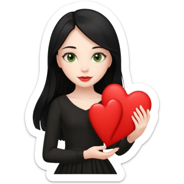 Pale girl with long black hair and olive green eyes soft smile wearing black dress and holding a heart sticker