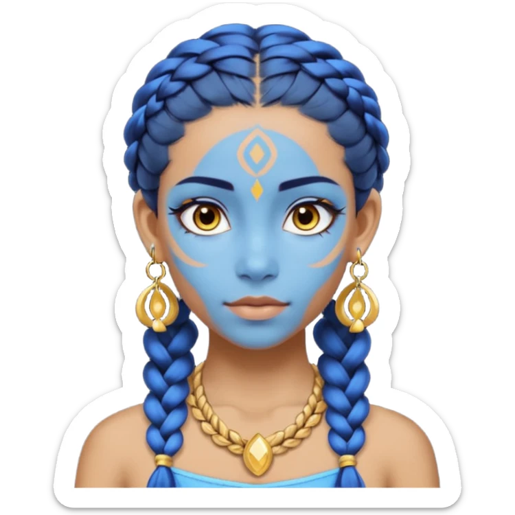 Draw a Na’vi female with glowing blue skin, white forehead markings, braided hair, gold earrings & a calm gaze. sticker